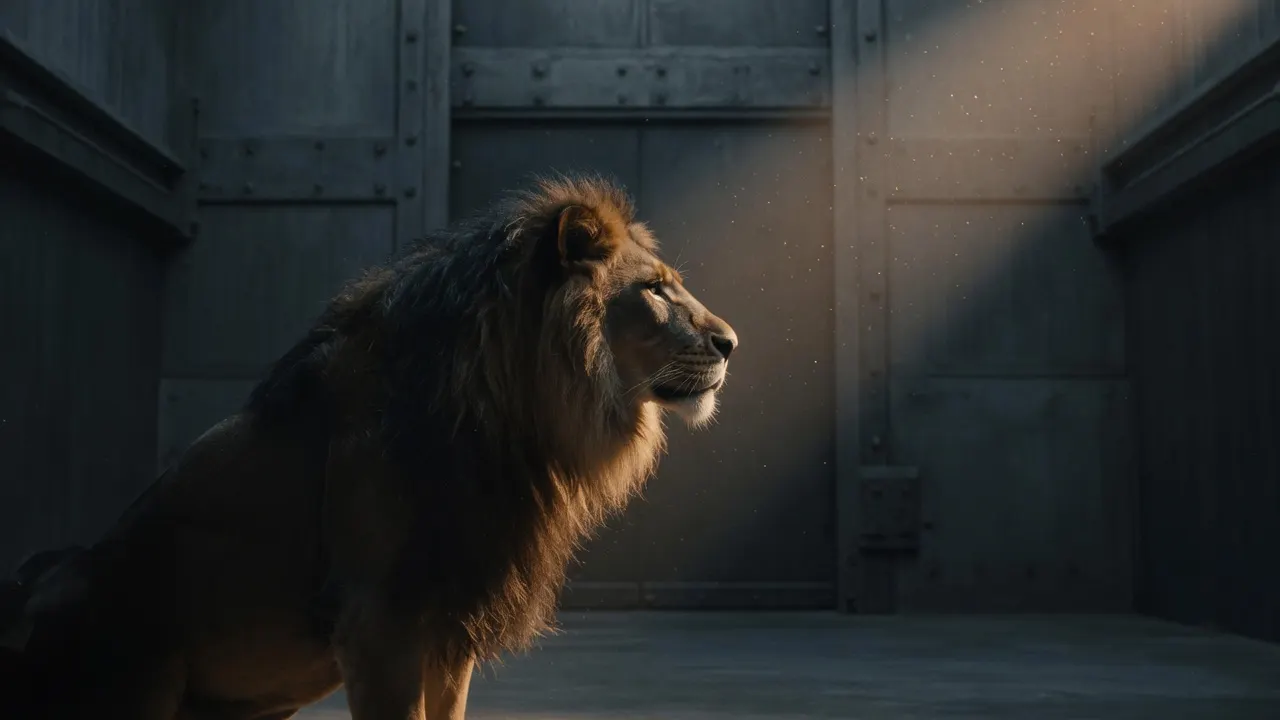 A lion emerging into bronze light — the Inner Beast
